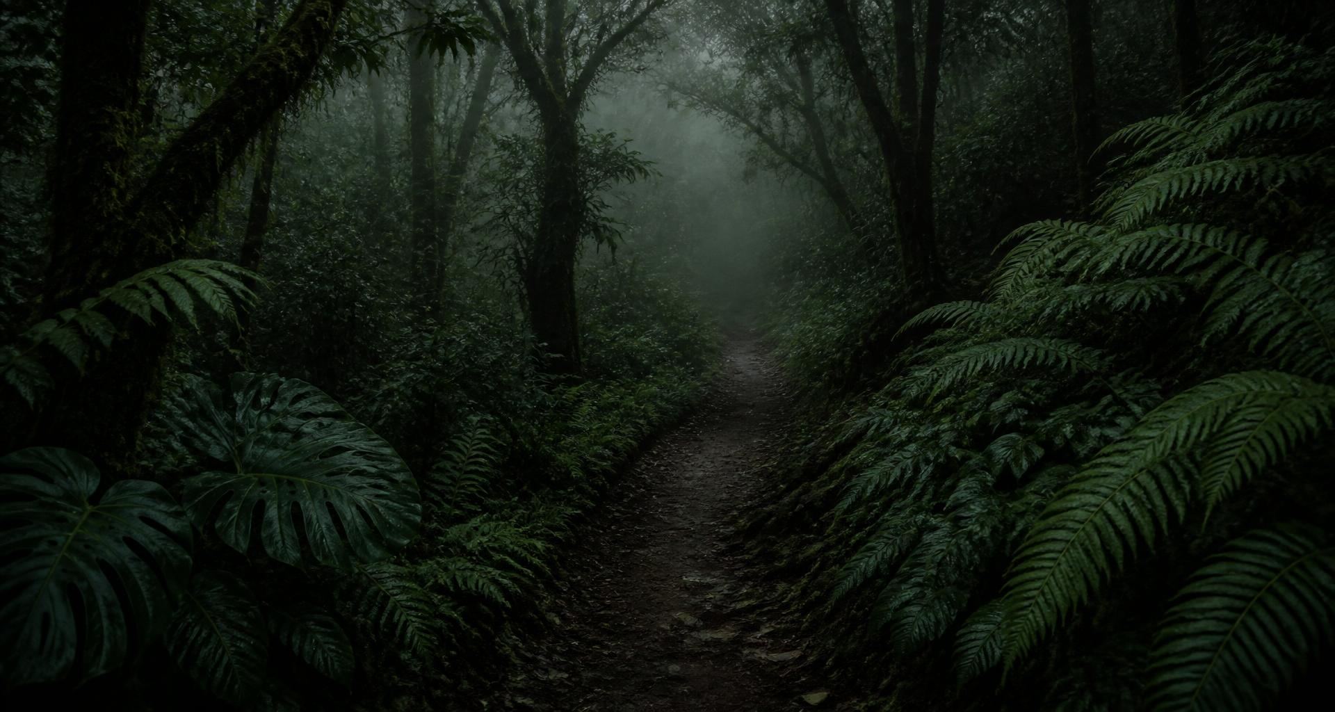 A narrow trail leading through ferns in a misty rainforest