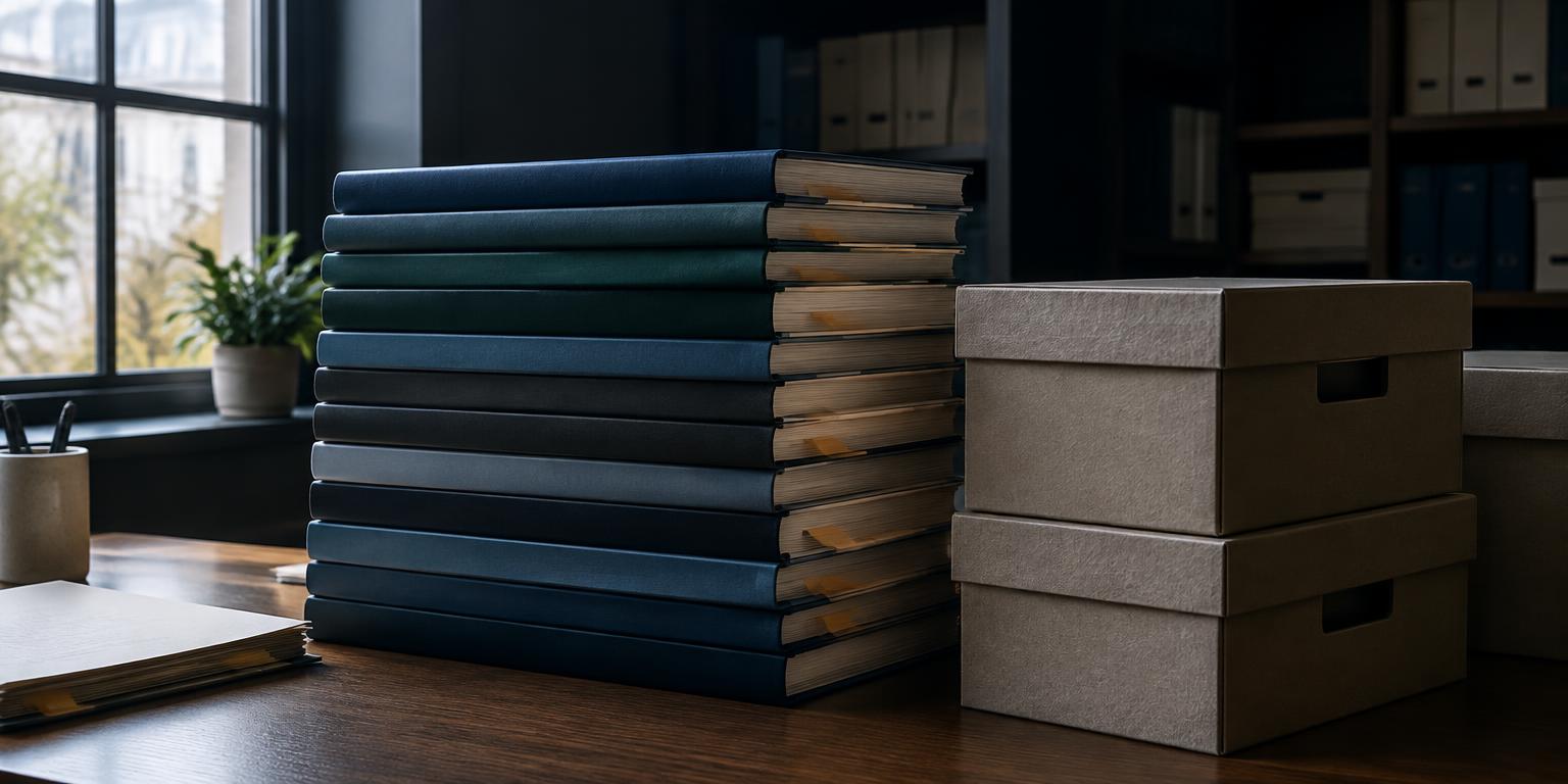 A tall stack of bound journals with flagged pages beside archive boxes