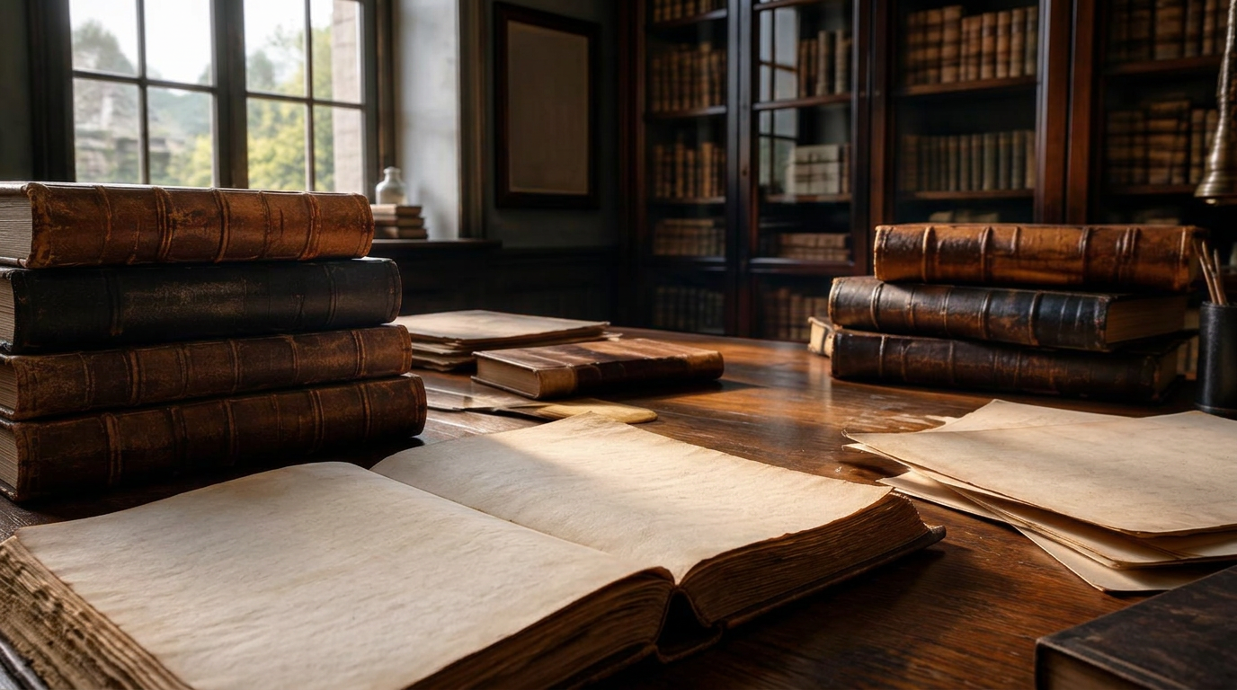 Leather-bound medical books and blank aged papers in a sunlit library